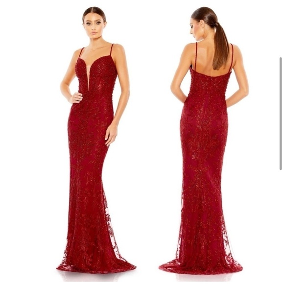 Mac Duggal 20330 Red Embellished Lace Mermaid Evening Formal Prom Pageant Gown - Picture 3 of 10